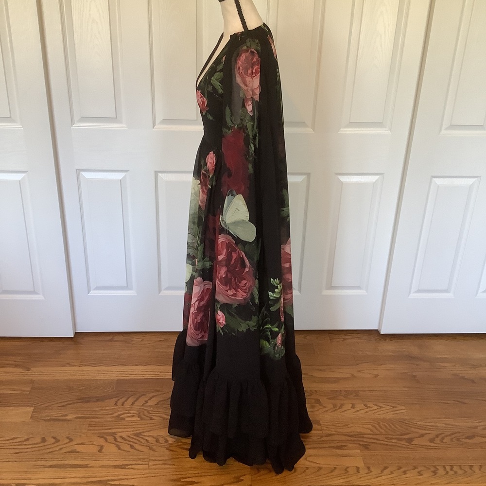 Alice + Olivia Be Still Floral Cape Maxi Dress Black Pink Rose Size 0 NWT - Picture 2 of 14